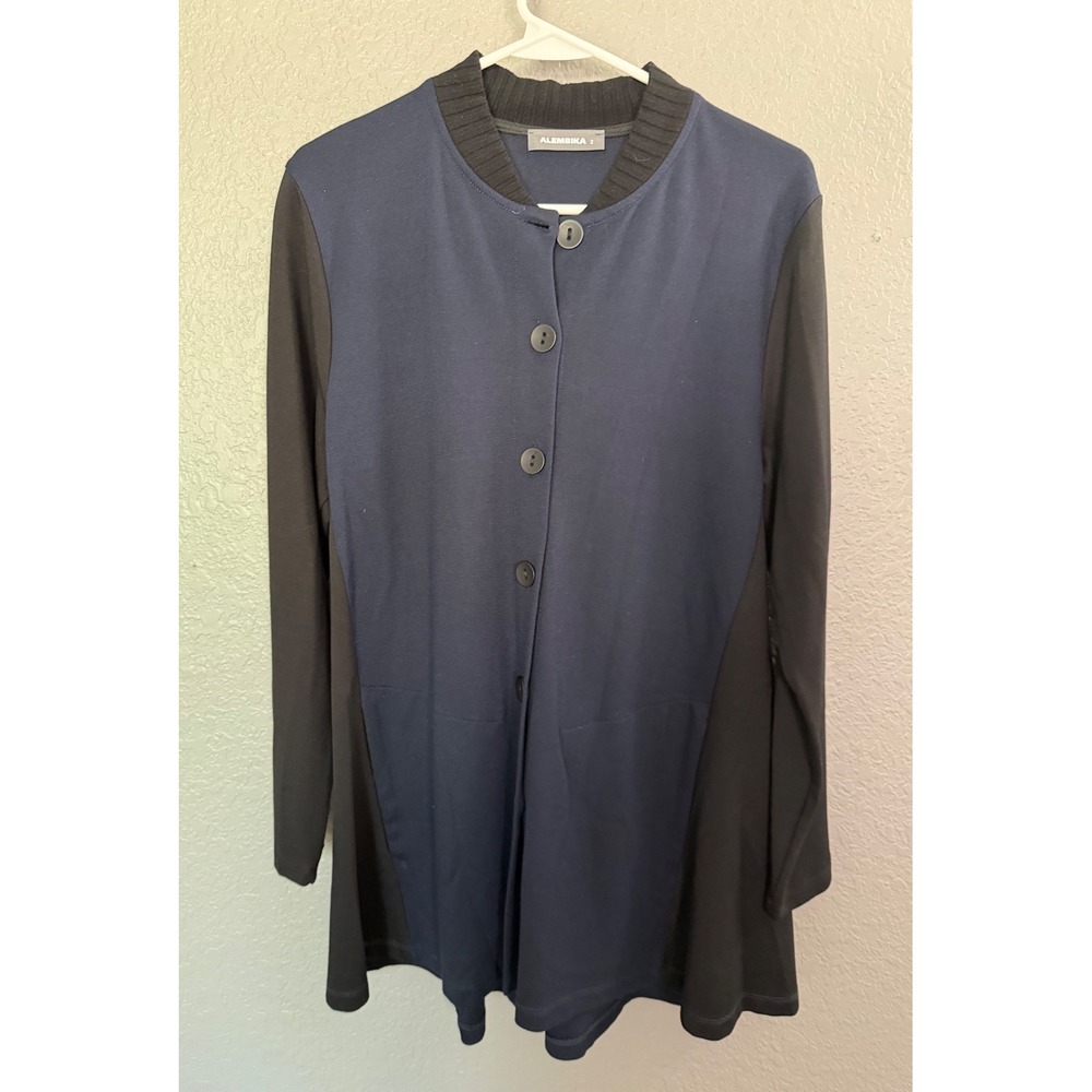 Alembika Tunic Navy Blue Black Asymmetrical Sz 2 8/10 Office Israel Heavier